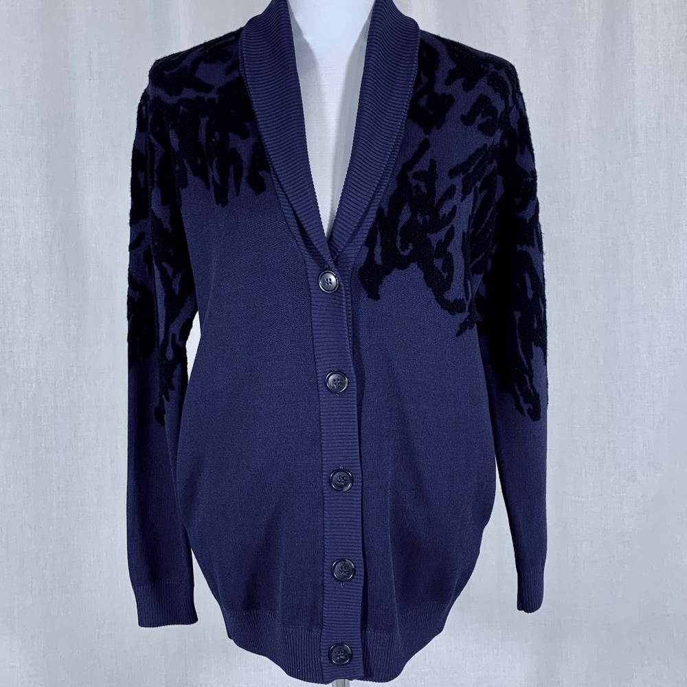 New Tibi Blue Oversized Cardigan with Black Jacquard Detailing, Originally $395 - Picture 2 of 9